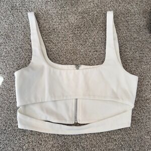 h:ours White Cutout Front Zip Crop Top Square Neck Sleeveless Small